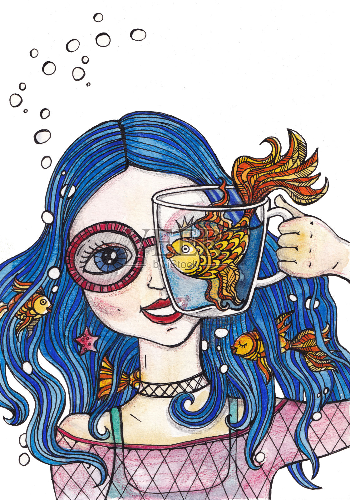 水彩插图肖像一个女孩的蓝色头发，拿着一个杯子与金鱼插画图片素材