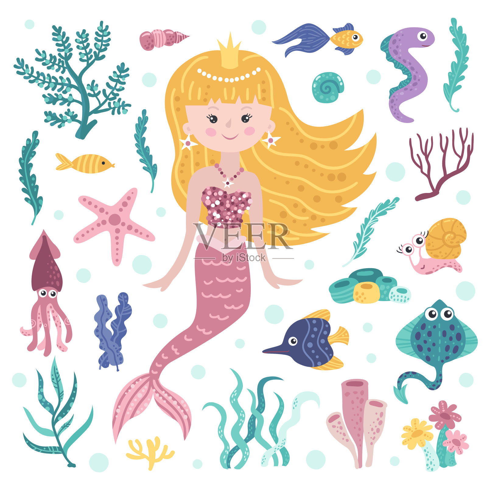 可爱的美人鱼，海藻和海洋居民插画图片素材