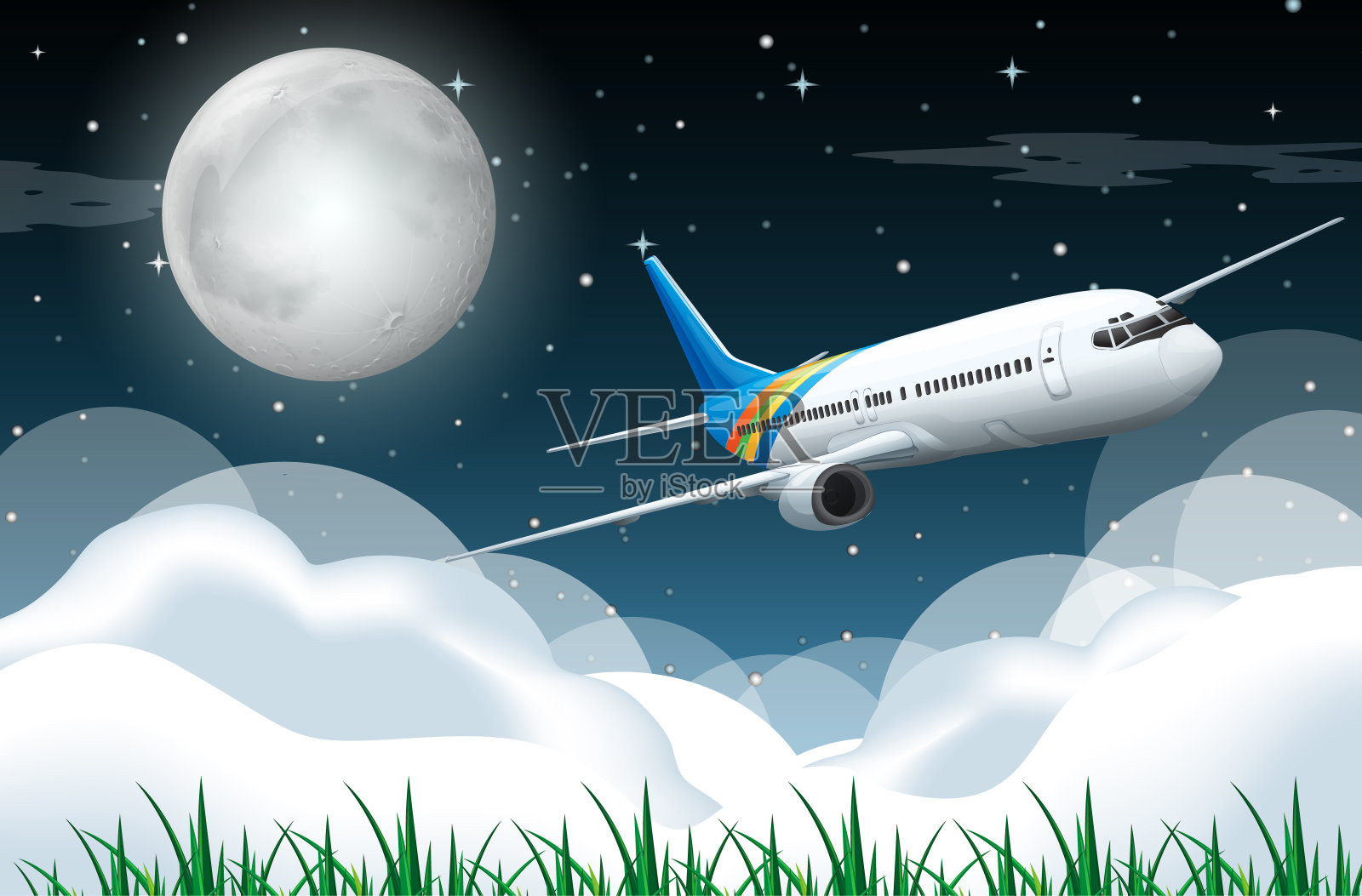 飞机在夜间飞行的场景插画图片素材