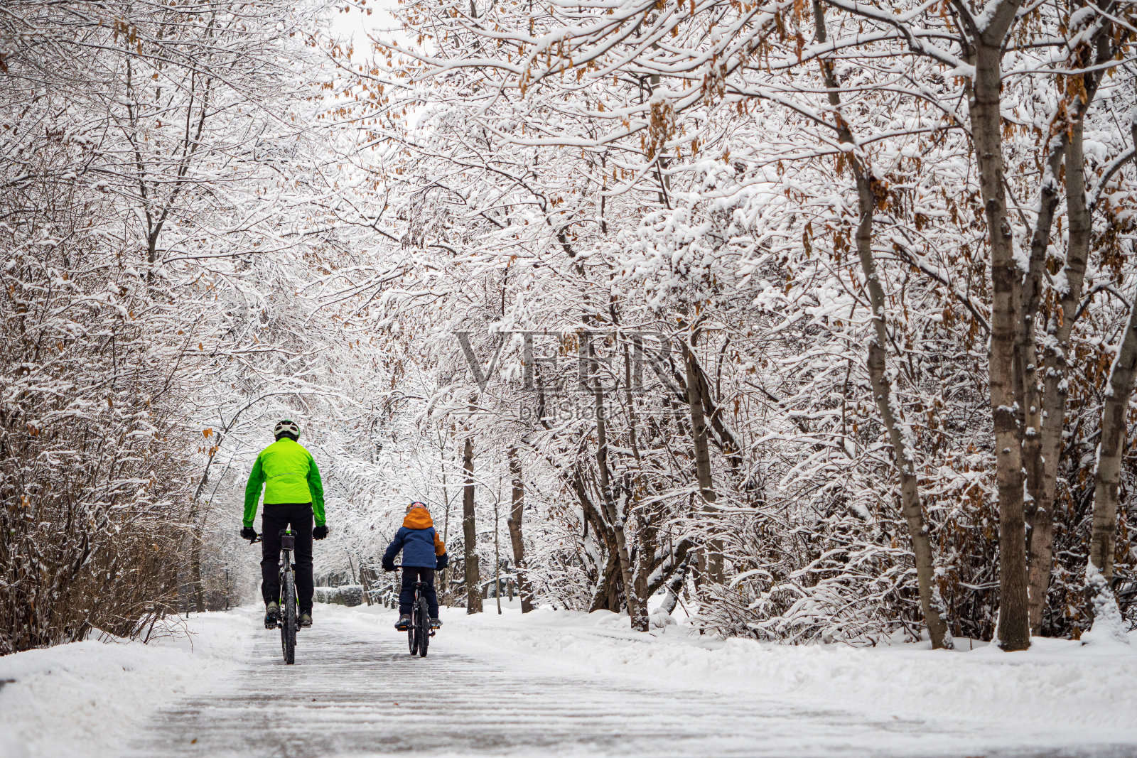 父亲和儿子在一个冬季公园里骑自行车照片摄影图片