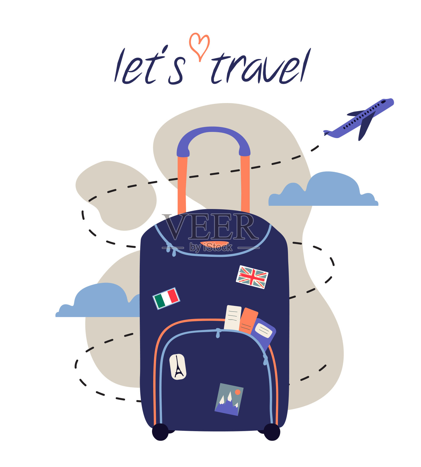 矢量旅行和旅行概念平面设计与包和飞机。旅游背景与行李插画图片素材