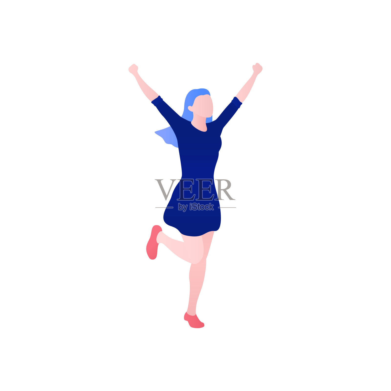 年轻快乐的女人笑着举起手跳。插画图片素材