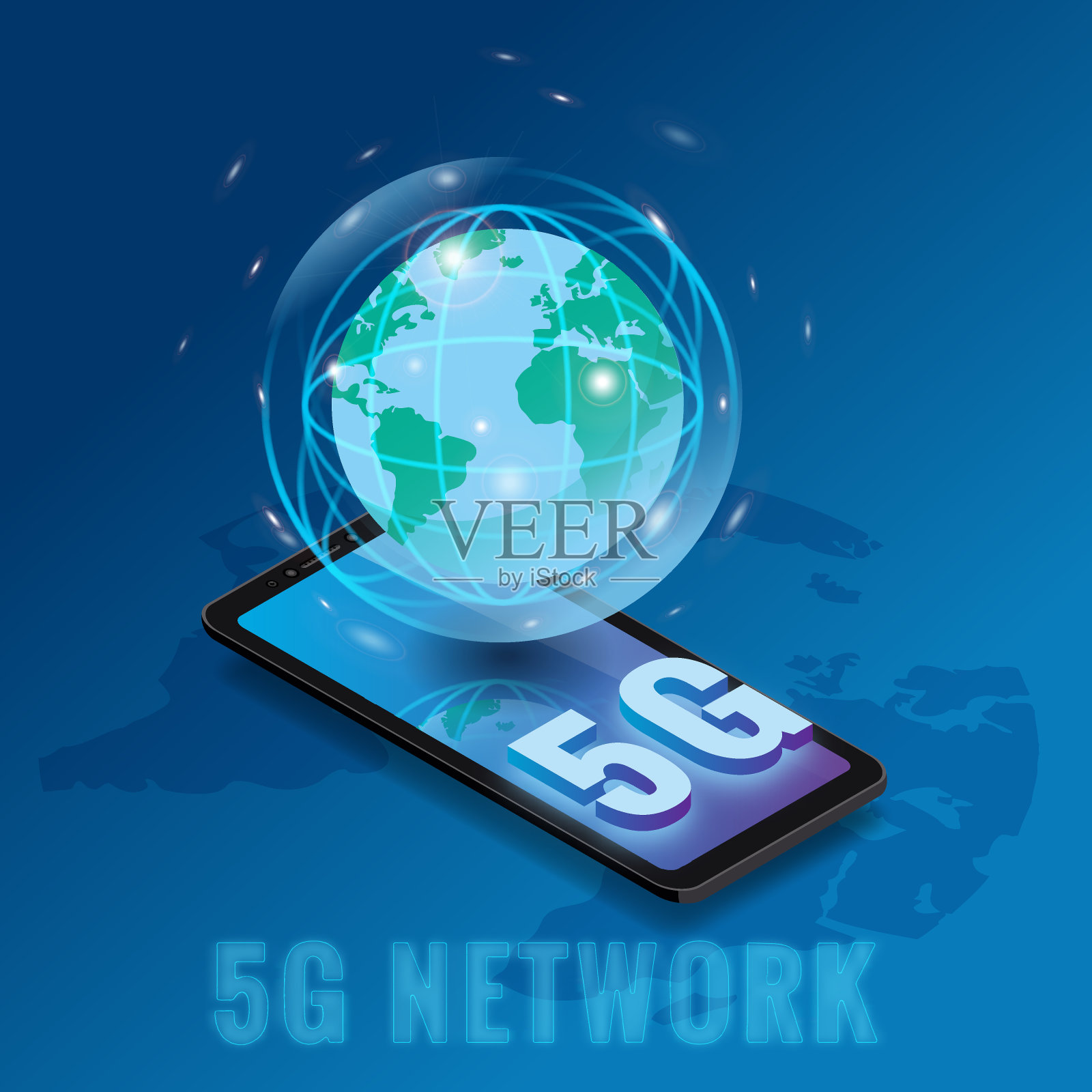 等距5G网络无线技术模板。字母5G智能手机与地球地球。第五代全球高速互联网创新。矢量概念图解隔离插画图片素材