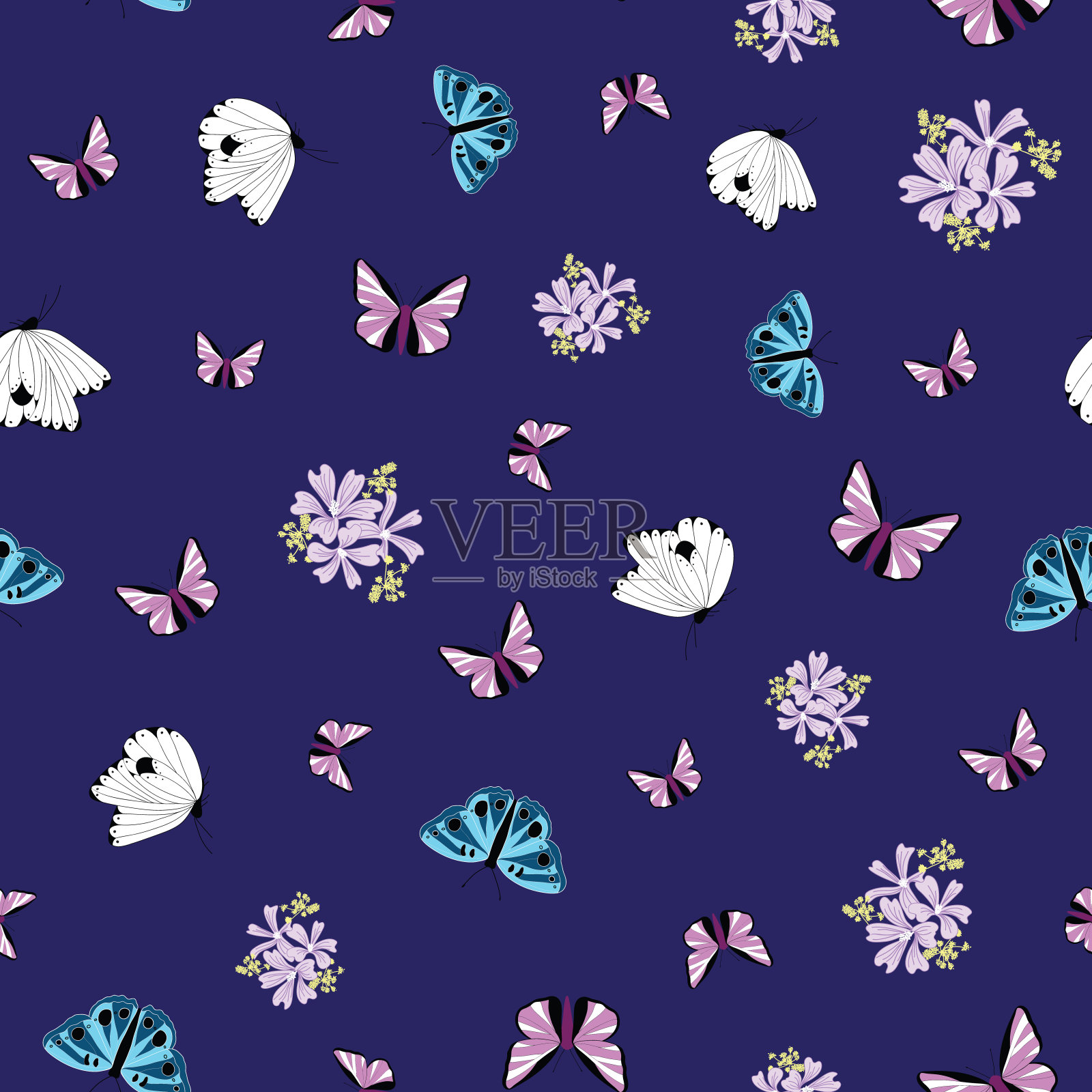 彩色蝴蝶和蓝色背景上的花朵无缝混合图案插画图片素材