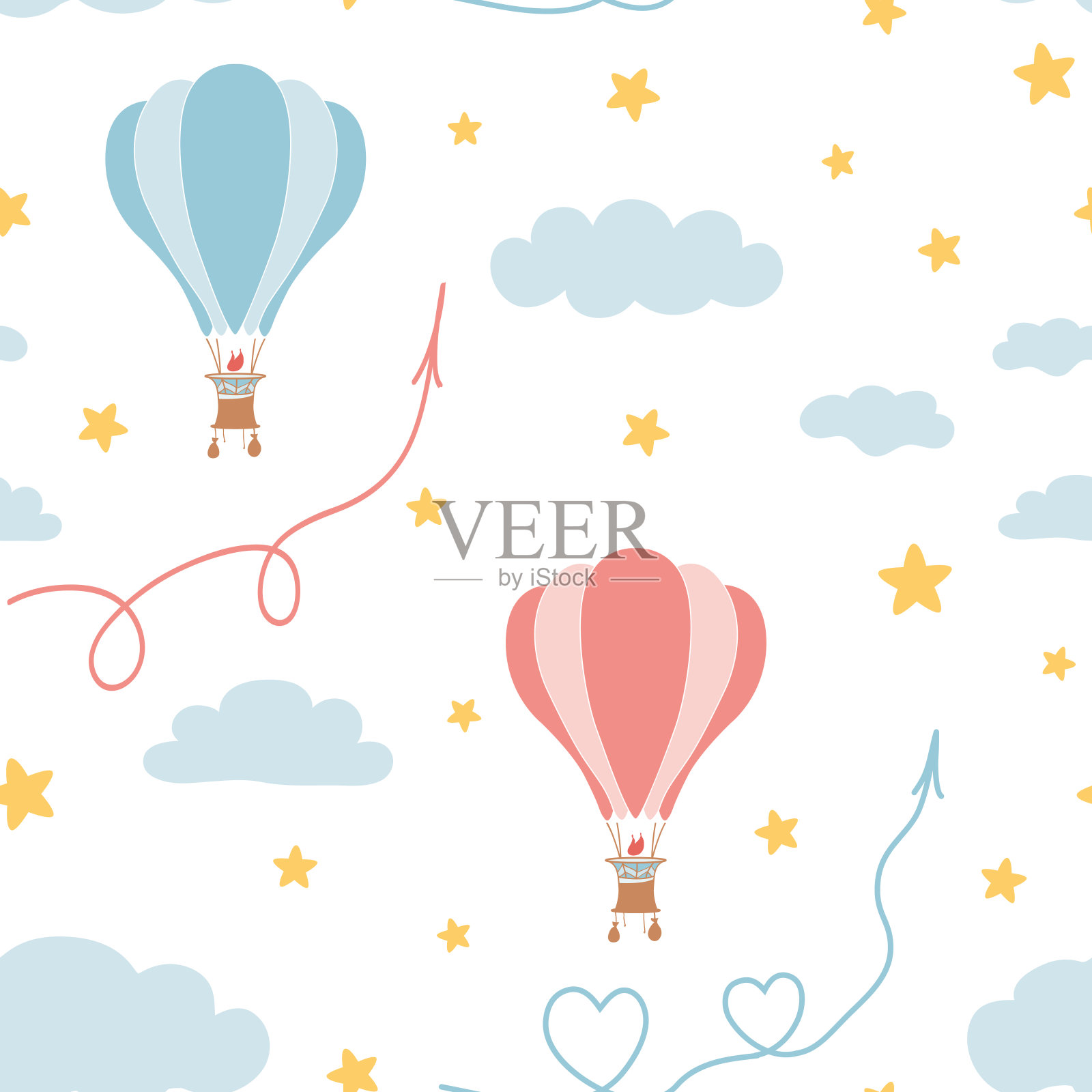 复古无缝旅行模式的气球，天空，星星。儿童织物织物设计插画图片素材