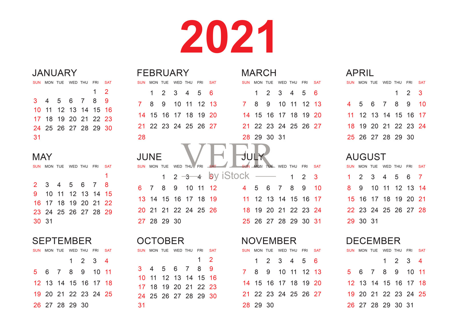 日历2021矢量模板，简单的最小设计，年度日历组织者为周，周开始于星期一，12日历集插画图片素材