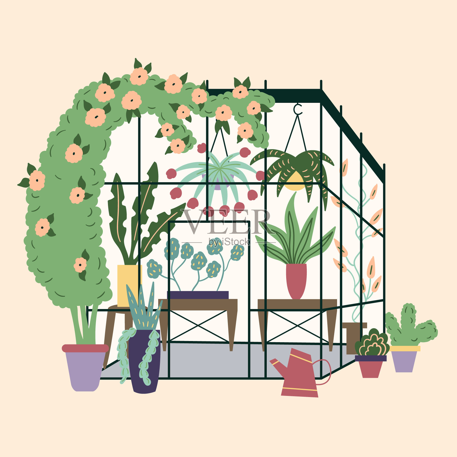 带有植物的现代家庭温室插画图片素材