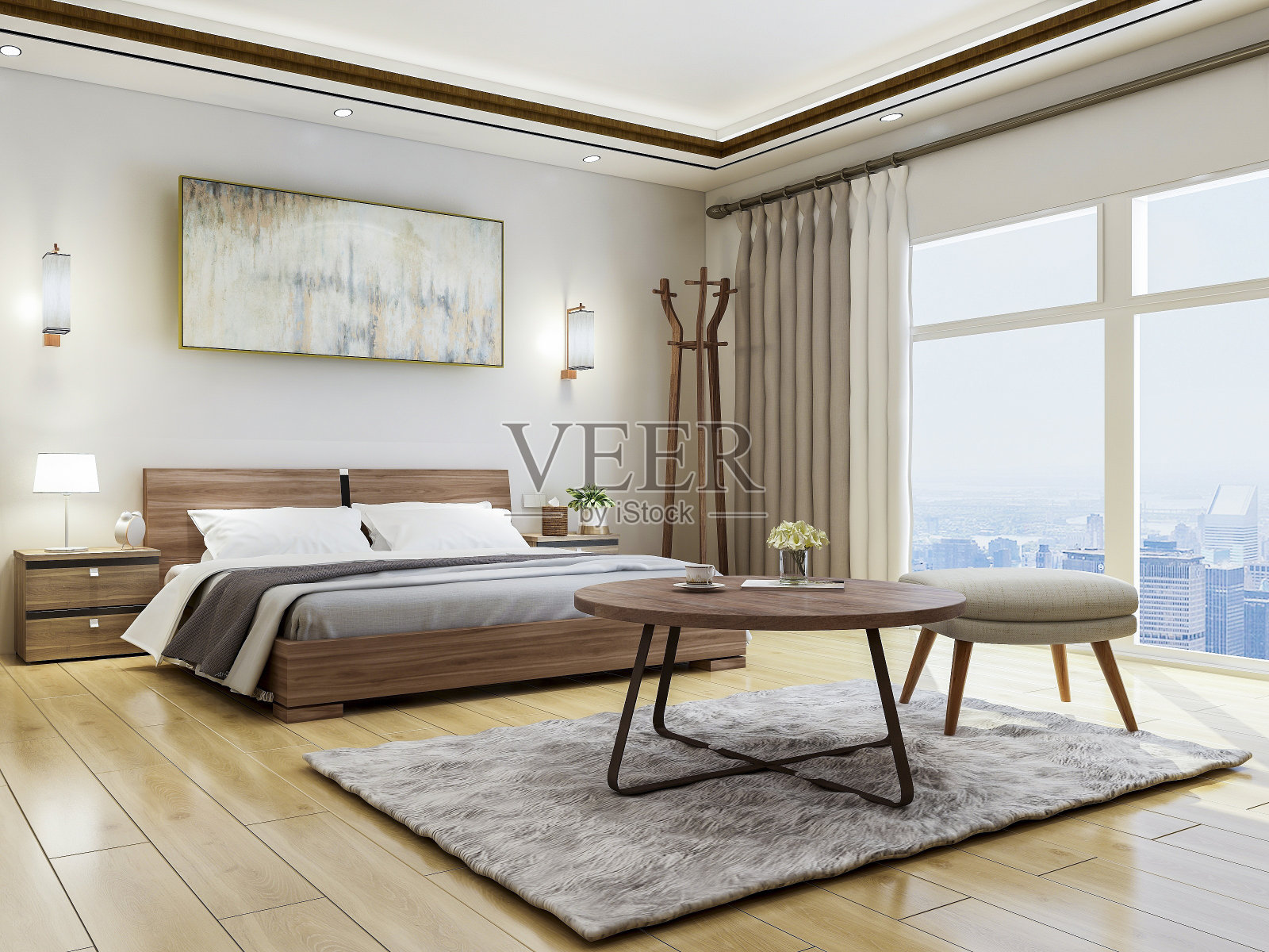 现代和豪华的酒店卧室设计与大玻璃窗照片摄影图片