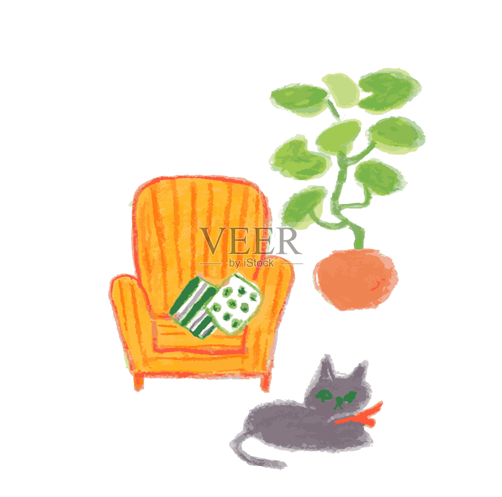 橙色沙发和黑猫的房间插画图片素材