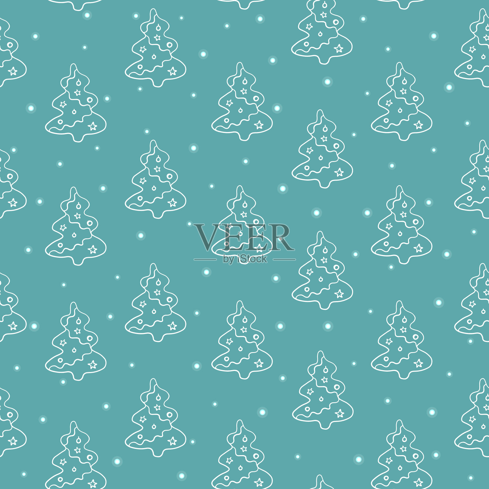无缝模式向量与圣诞树，玩具，星星和雪在一个蓝色的背景。新年和圣诞节快乐的手绘涂鸦图标设计卡，邀请，墙纸，包装纸插画图片素材