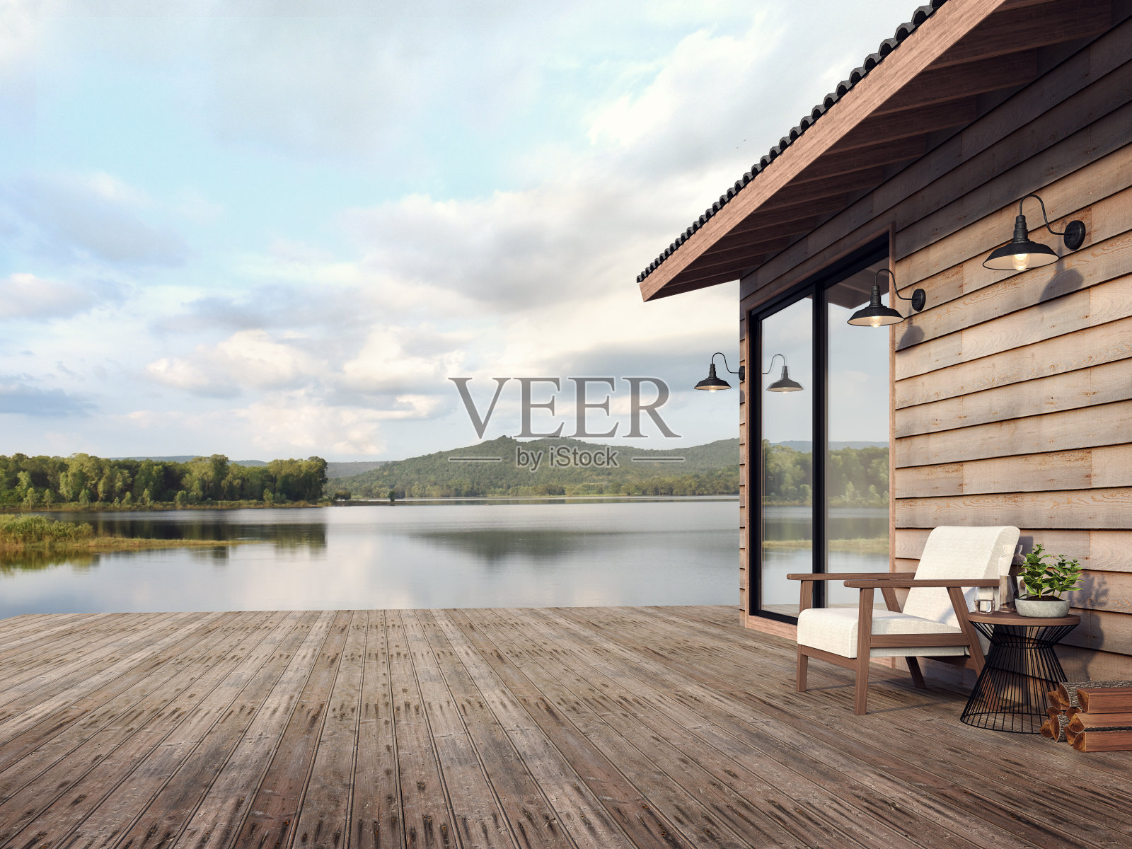 木屋外部与美丽的湖和山景3d渲染照片摄影图片