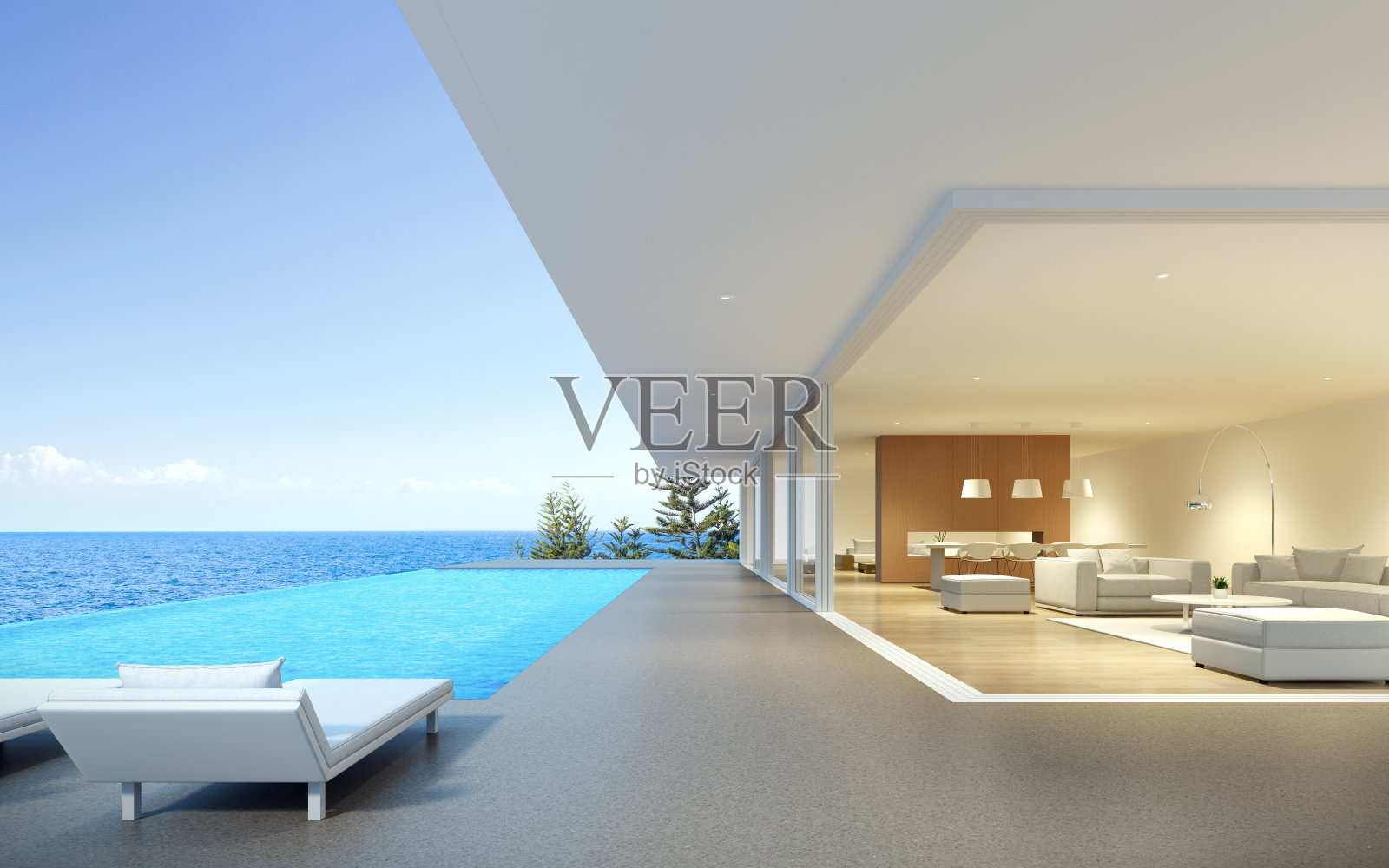 现代豪华建筑的视角，阳台和游泳池在海景背景，家庭度假的想法。3 d渲染。照片摄影图片