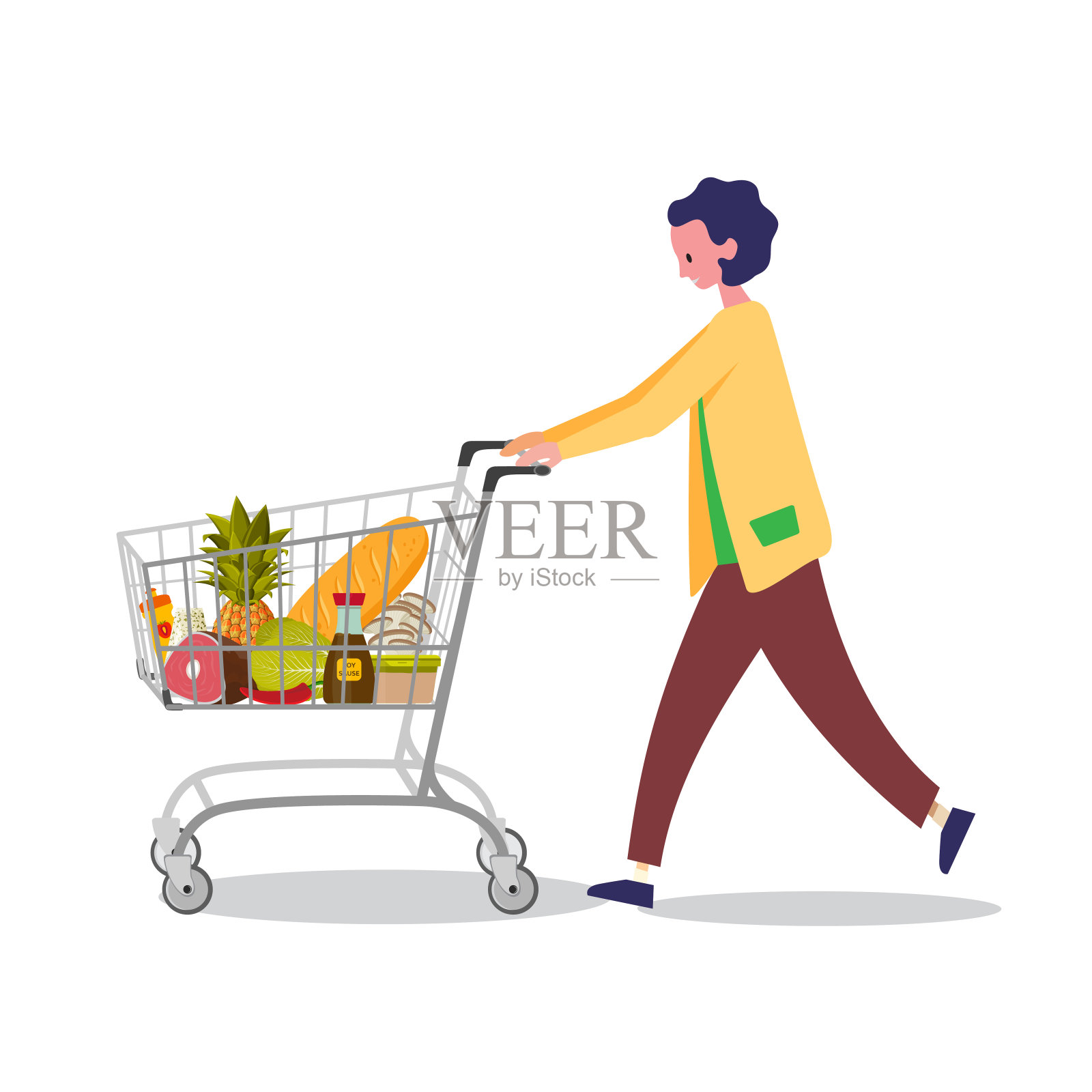 一个人拿着购物篮在超市里购物。矢量插图。插画图片素材