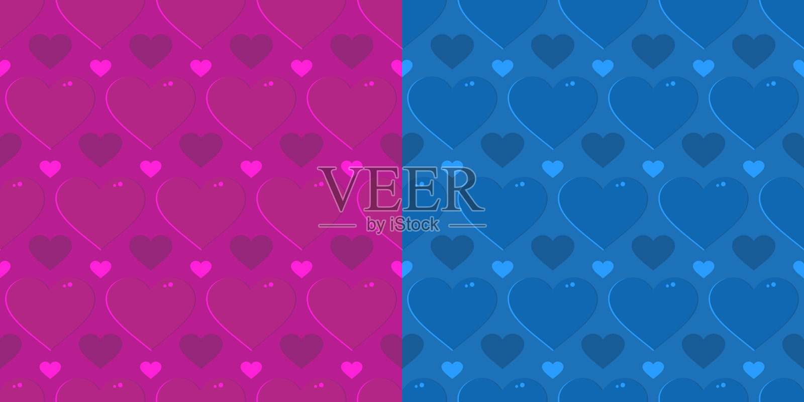 两个无缝模式，粉红色和蓝色的心。图案的织物，纺织品，包装纸，壁纸，背景的婚礼，请柬。情人节插画图片素材