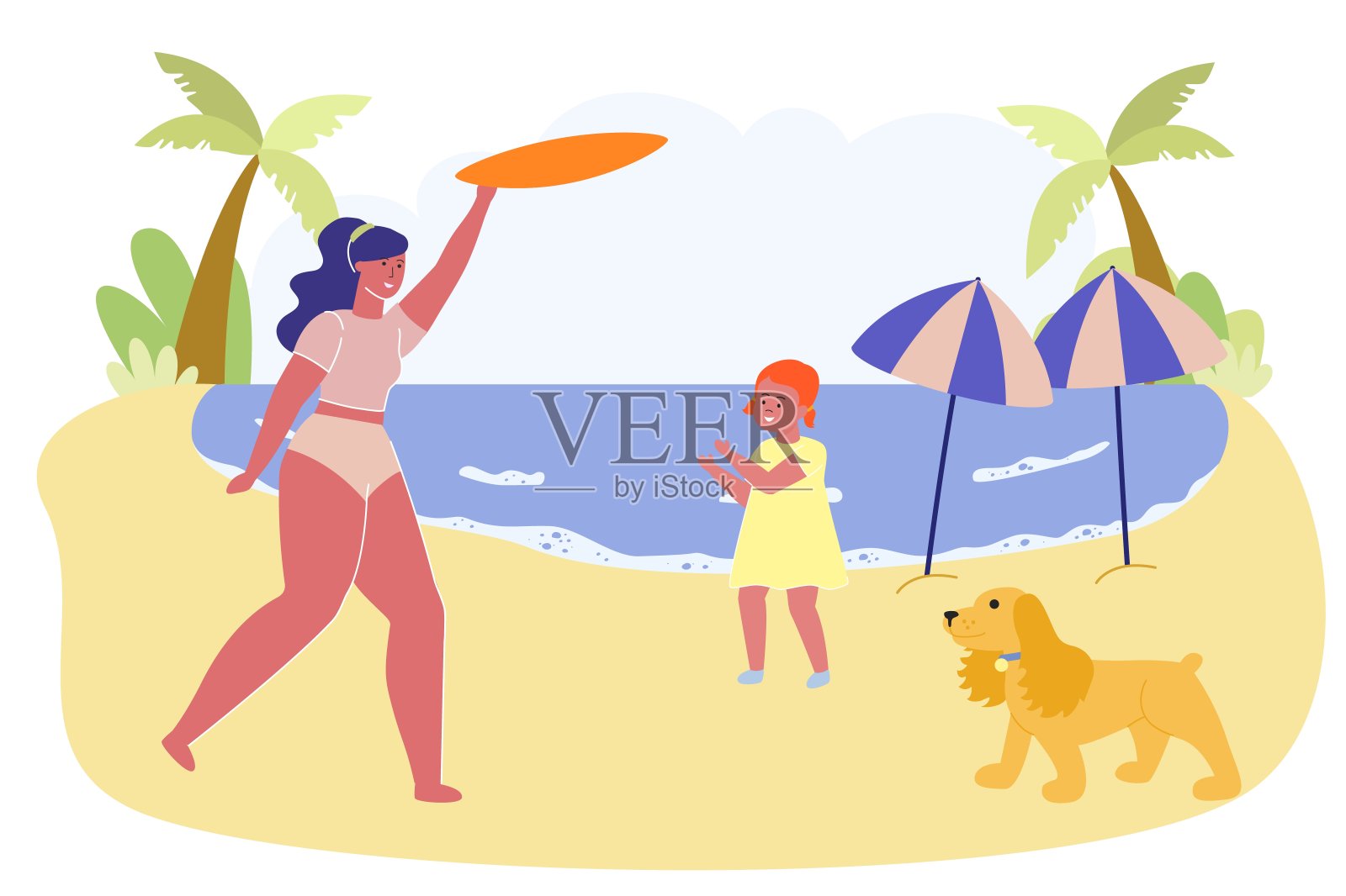 家庭母亲，女儿和狗在海边玩耍插画图片素材