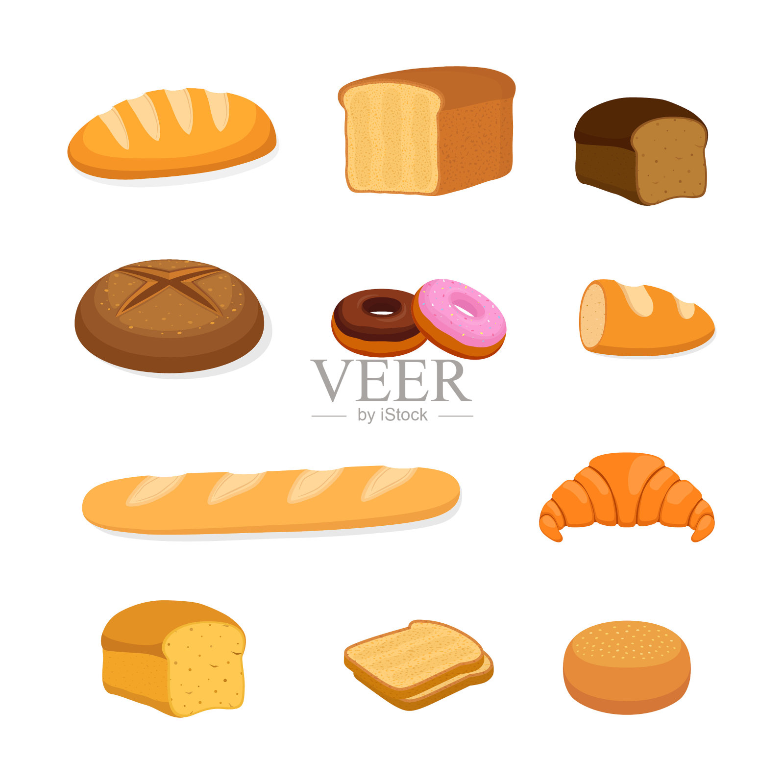 向量面包店套面包，黑麦和谷类面包设计元素图片