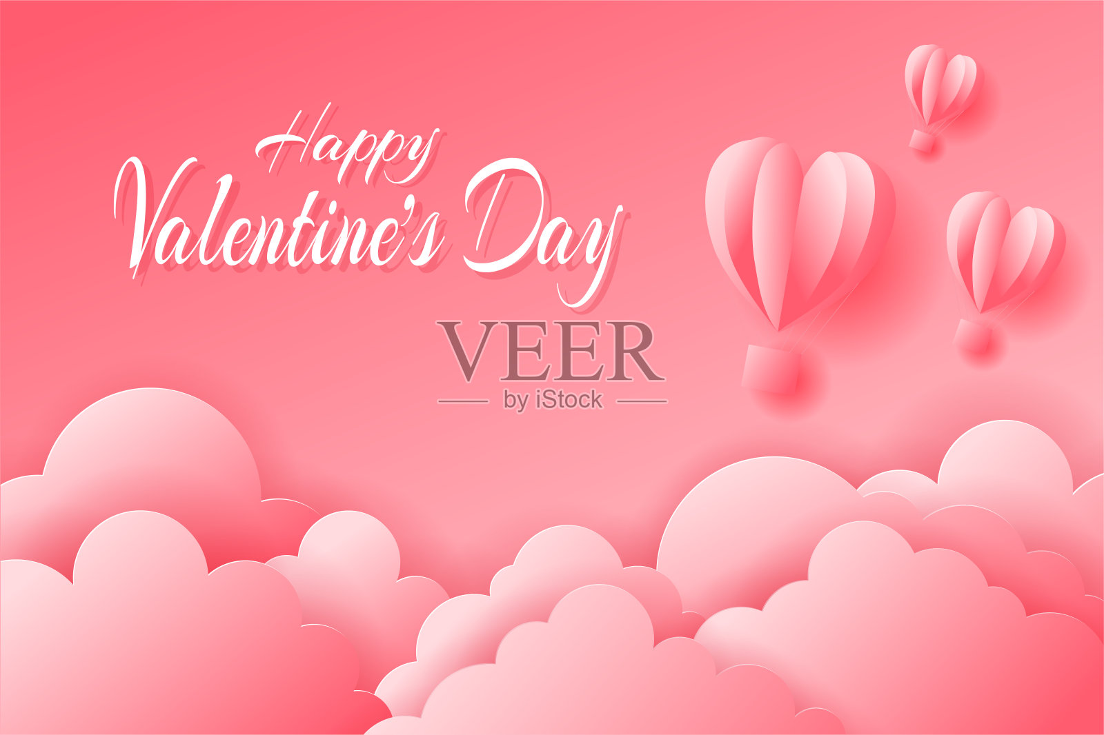 粉红色的心形气球在粉红色背景的云朵上飞行。剪纸风格。情人节或母亲节庆祝概念插画图片素材