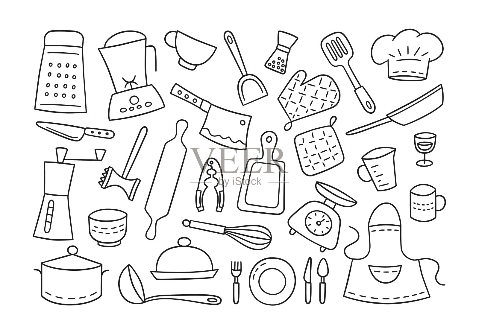 厨房工具和餐具。厨师。手绘。设计元素图片
