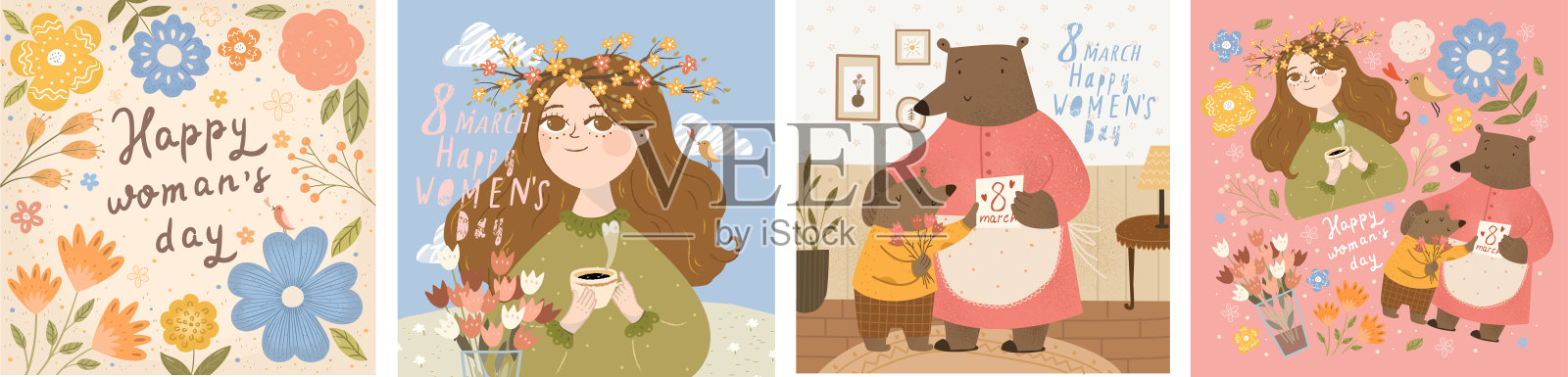 三八妇女节快乐!矢量插图的一个美丽的春天女人，泰迪熊家庭祝贺妈妈的节日和花的框架。卡片或海报的图画。设计模板素材
