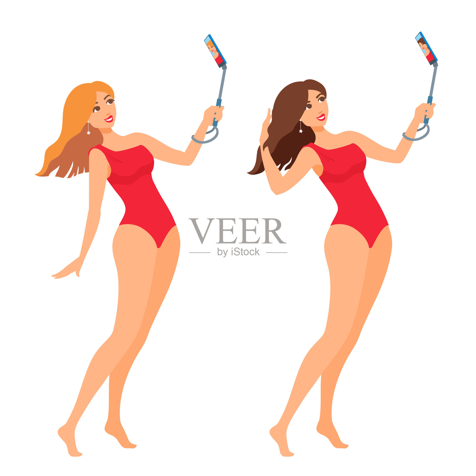 一个穿着红色泳衣的漂亮女人在自拍。女孩微笑着，看着手机。插画图片素材