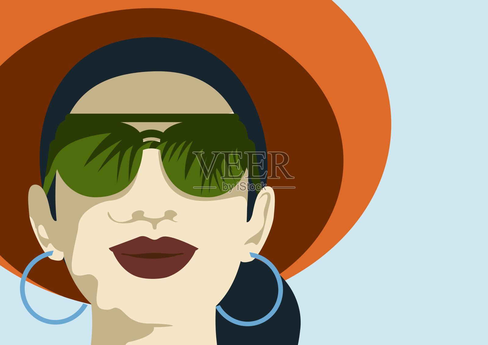 年轻美丽的女子肖像与现代绿色太阳镜戴大橙色帽子防晒，度假旅游的概念设计元素图片