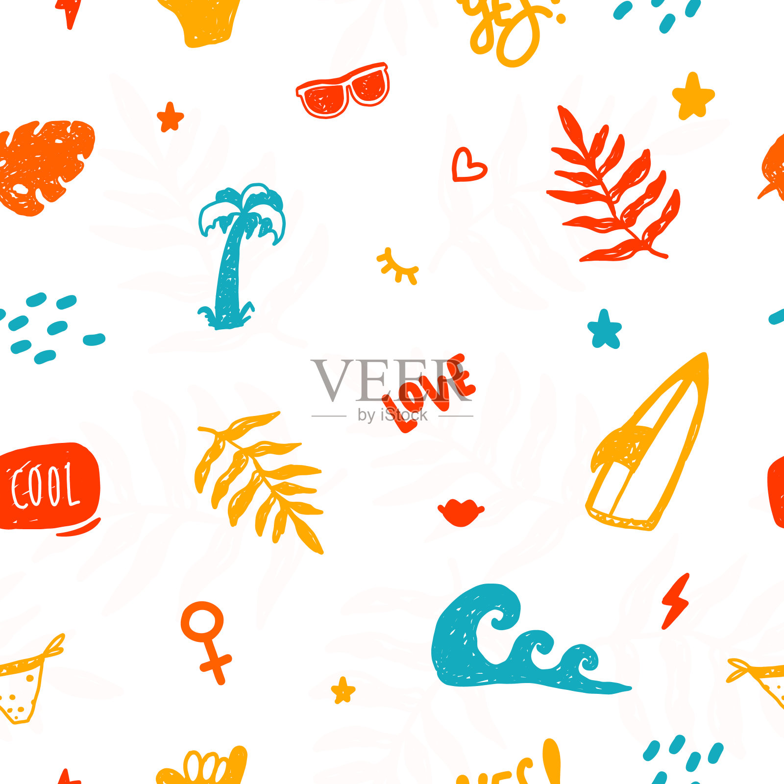 夏日海洋涂鸦与手掌无缝图案，海浪，冲浪板，时尚旅游t恤印花，彩色背景插画图片素材