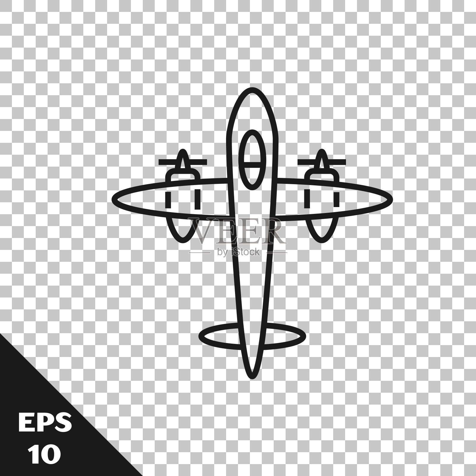 黑色线条复古复古的飞机图标孤立在透明的背景。飞行的飞机图标。客机的迹象。矢量图插画图片素材