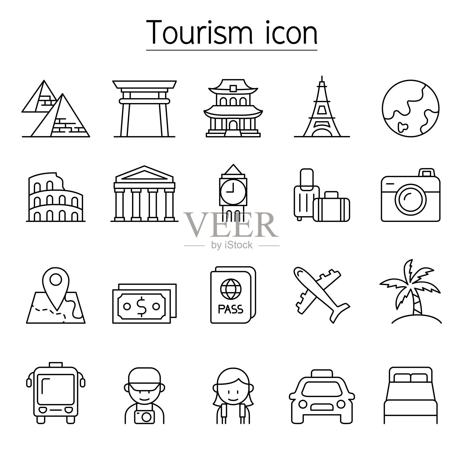 旅游和地标标志设置在细线风格图标素材