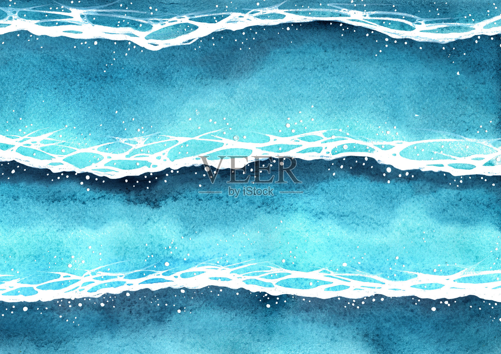 海浪水彩在俯视图手绘背景装饰夏季假期。插画图片素材