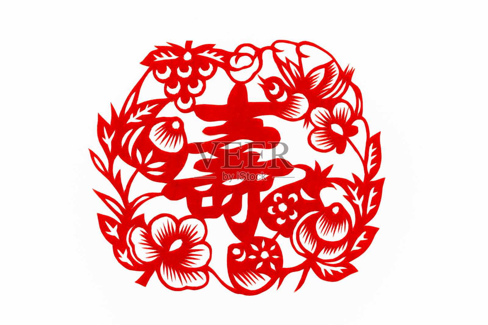 中国传统剪纸艺术图案、花窗。象征着幸福和好运。Animals-birds。中国新年装饰元素。汉字(福、寿、安、财、丰)照片摄影图片