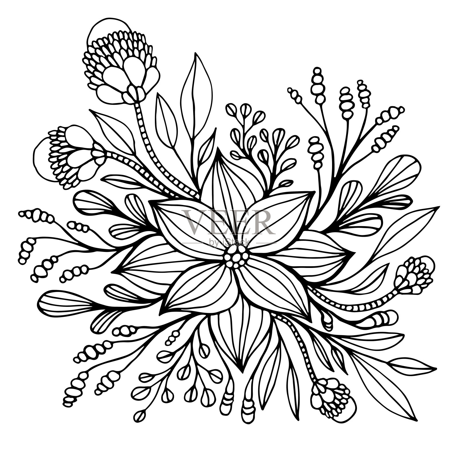 幻想花框叶和嫩芽着色页。装饰优雅的小花孤立在白色的背景。向量手绘插图与植物和盛开的奇异的花。插画图片素材