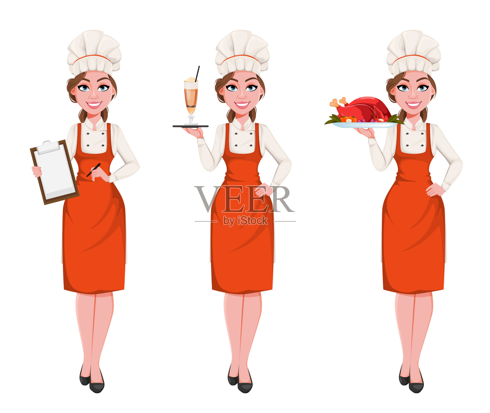 美丽的年轻厨师女人，一套三个姿势插画图片素材