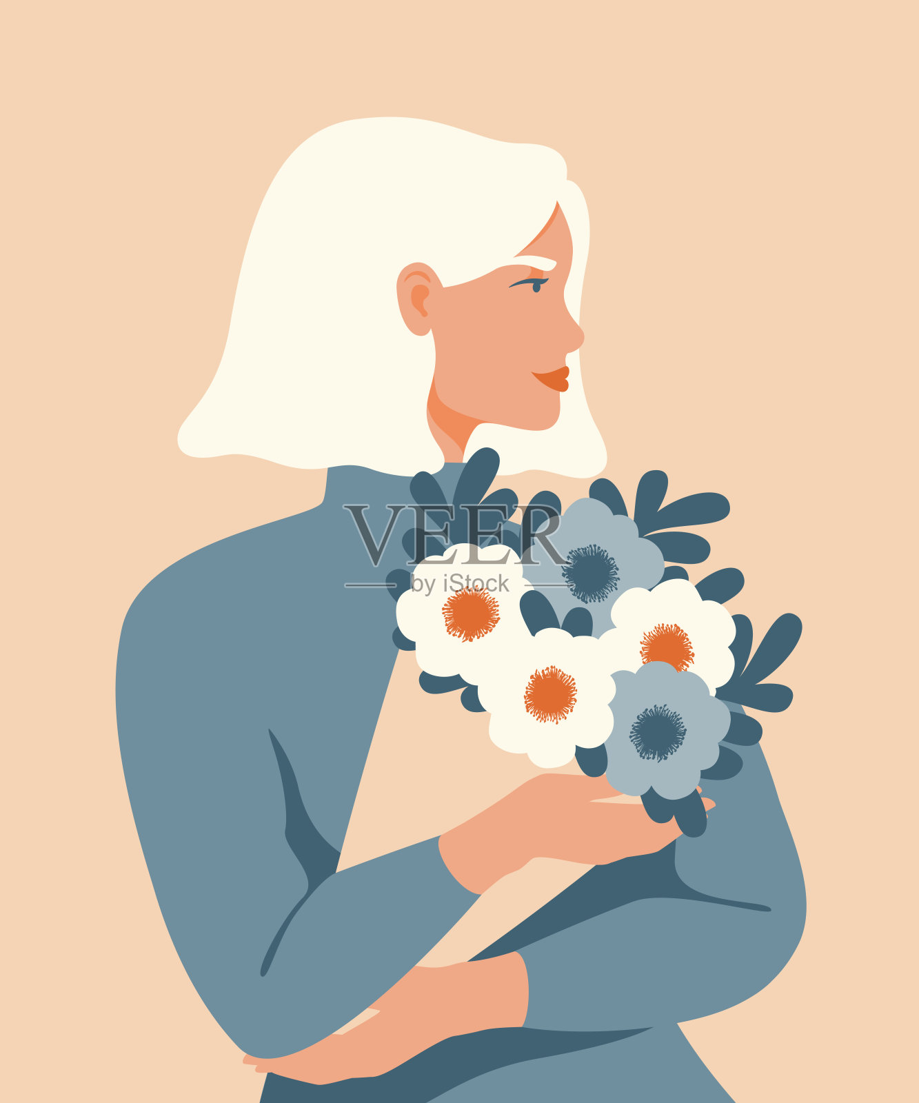 金发美女手捧一束春天的鲜花。插画图片素材