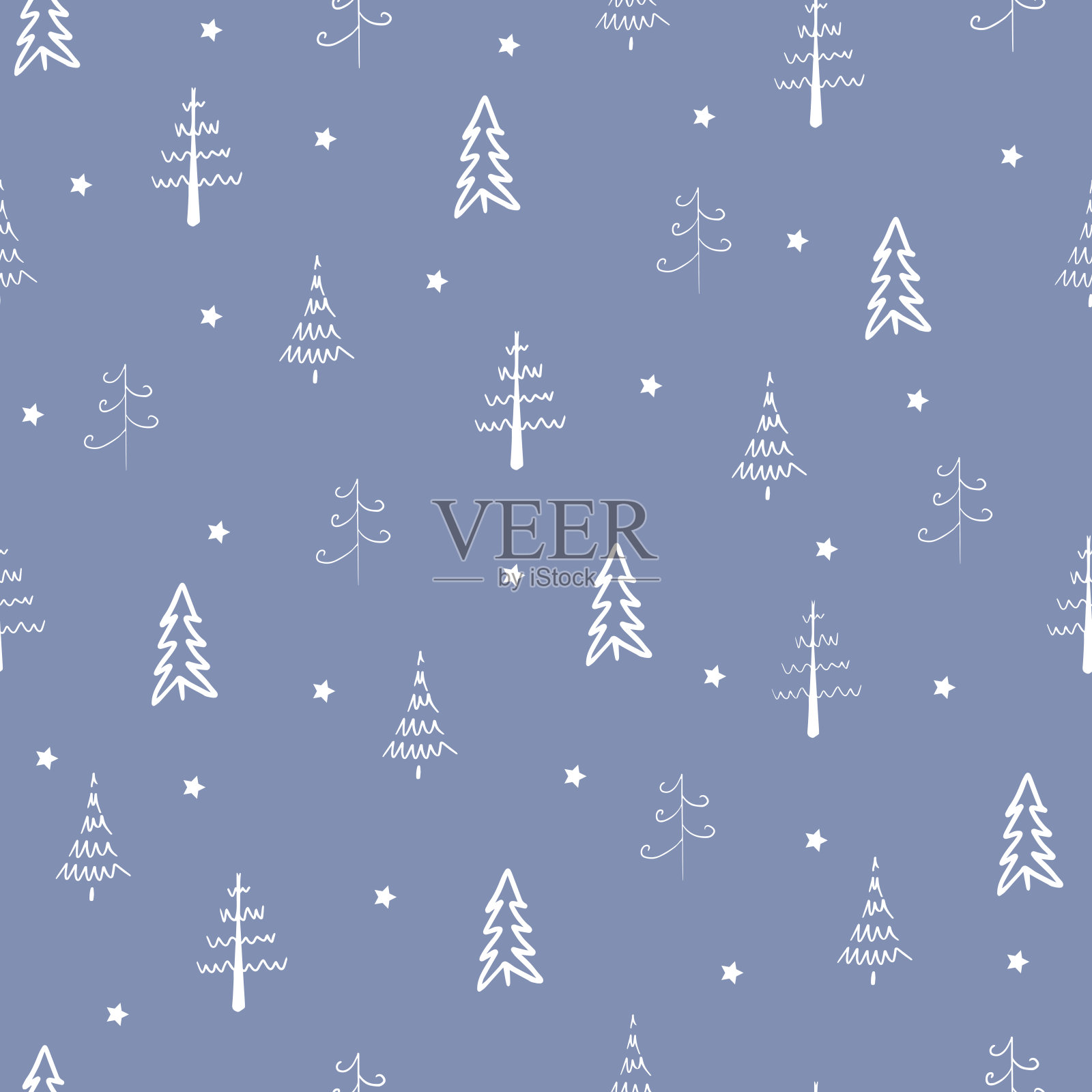 圣诞树和雪花矢量无缝衔接，重复图案。白色的树和雪花在蓝色的背景。涂鸦树，手绘背景插图，印刷或纺织品设计。插画图片素材
