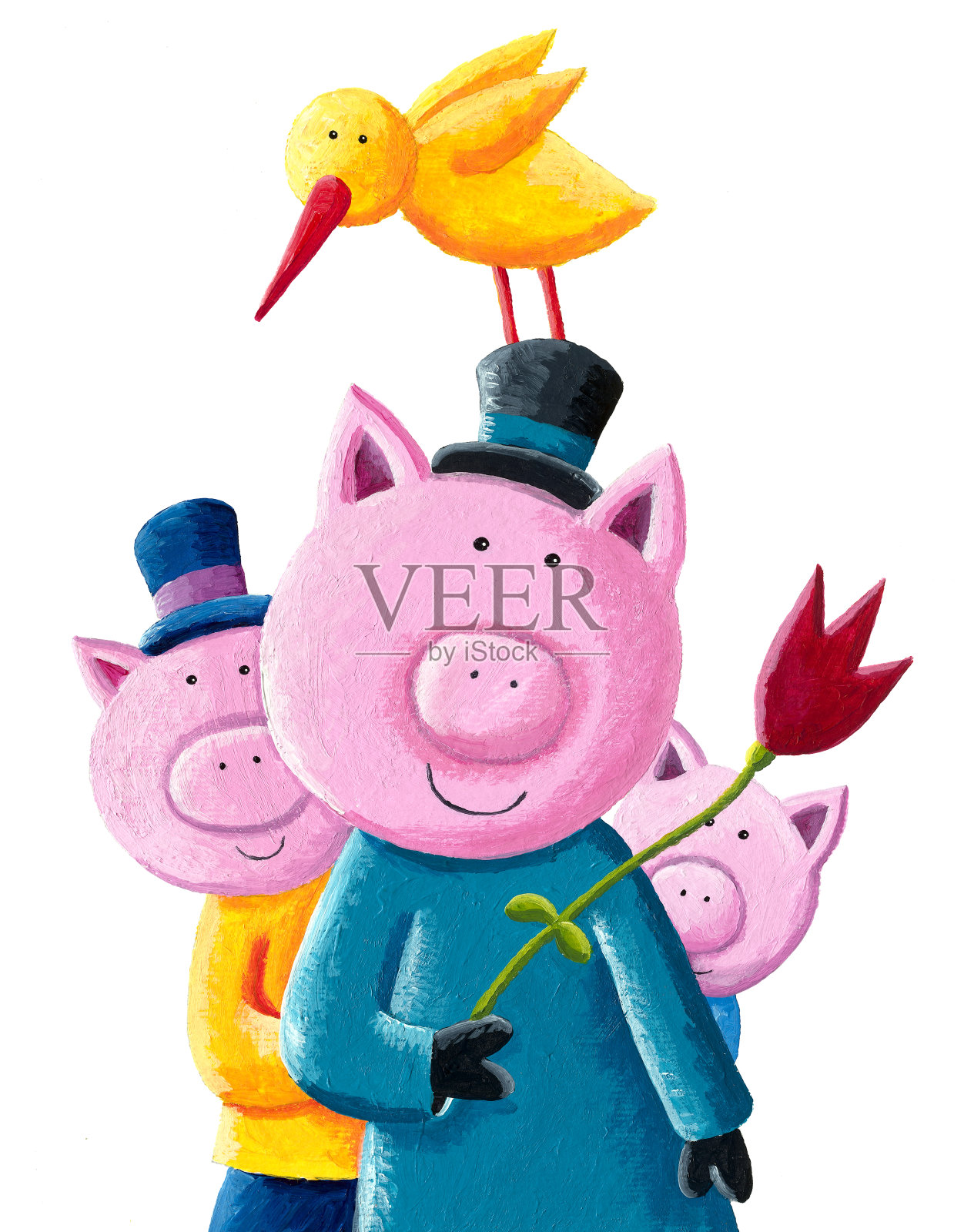 三只带着帽子和郁金香的可爱的小猪插画图片素材