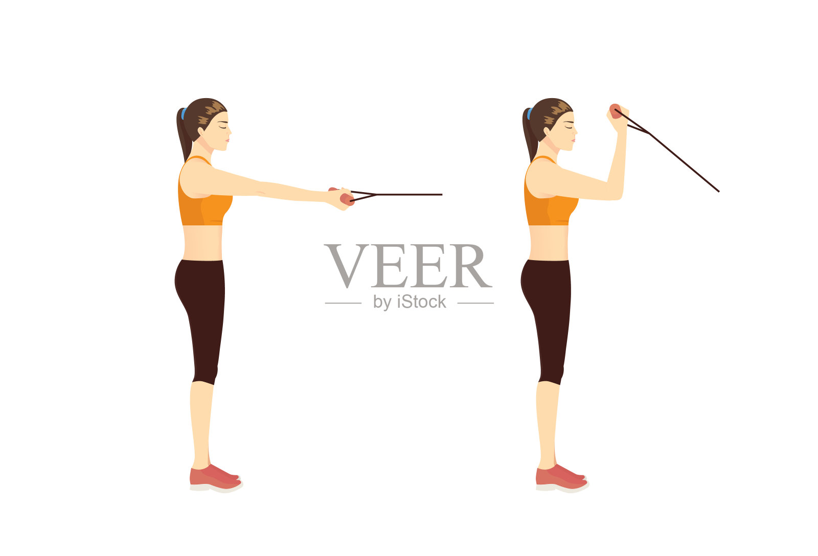 女子使用器材进行运动，站立，单臂肱二头肌屈身，带阻力带。插画图片素材