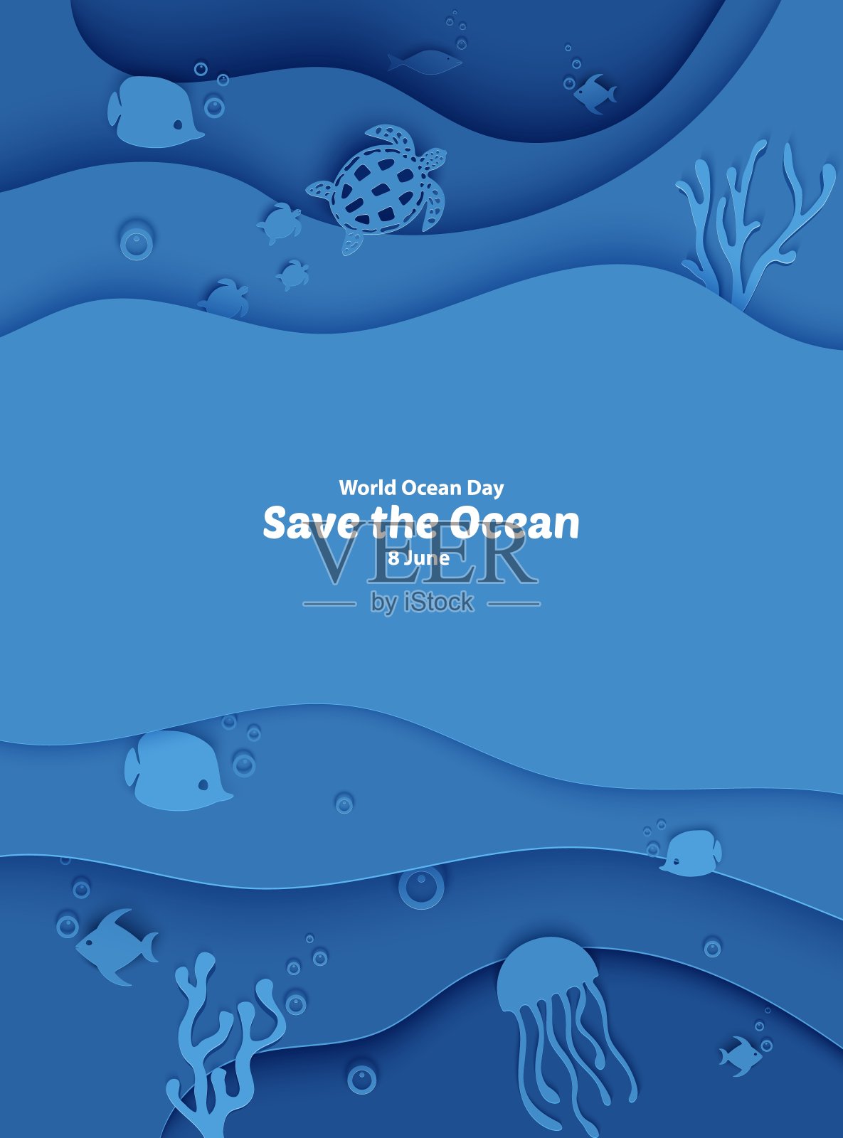 6月8日世界海洋日。水下水下有鱼洞、珊瑚礁、海底有海藻、海浪。潜水概念，深蓝海洋生物。向量海洋野生动物。插画图片素材