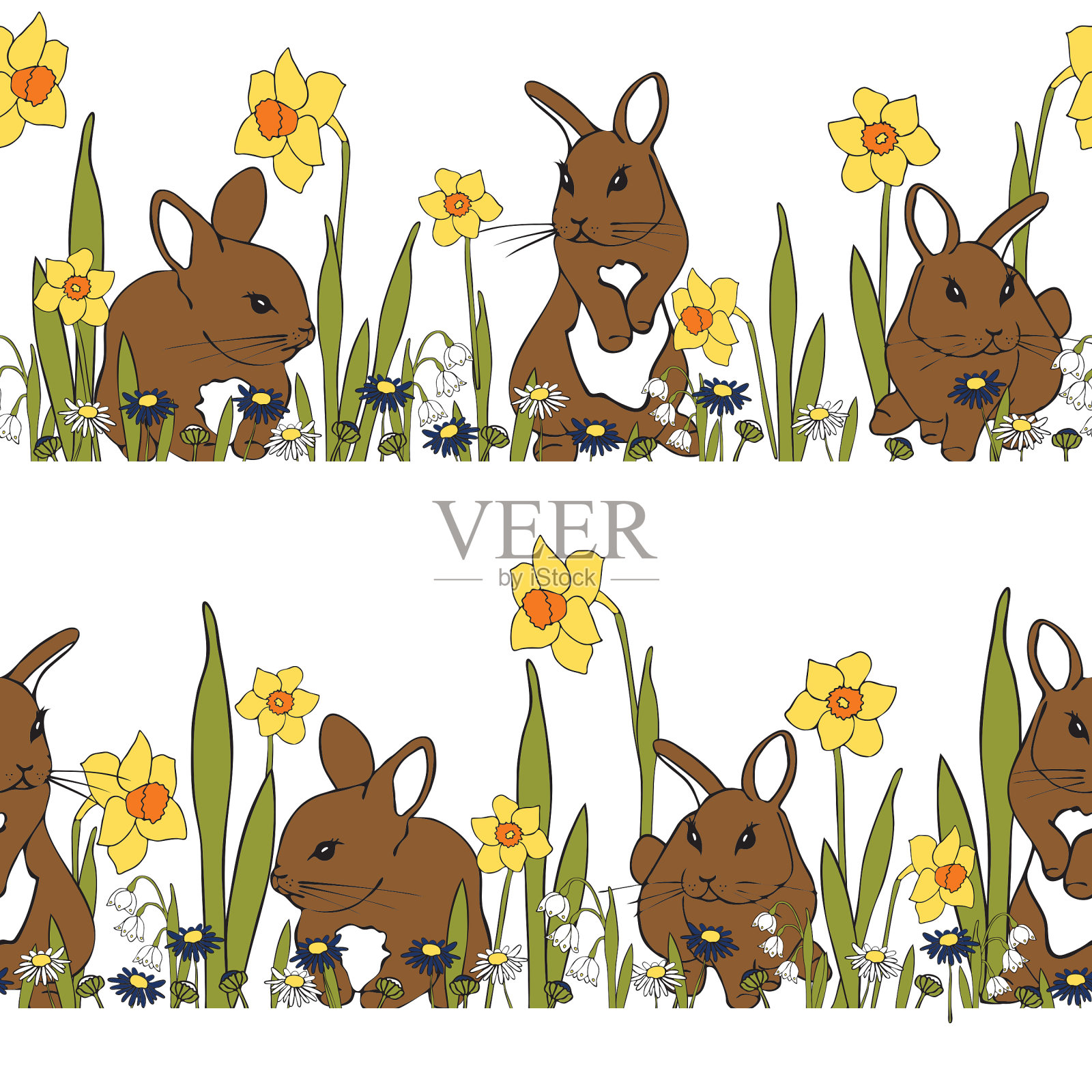 无缝矢量模式与棕色兔子和春天的花在白色的背景。可爱的动物壁纸设计。插画图片素材