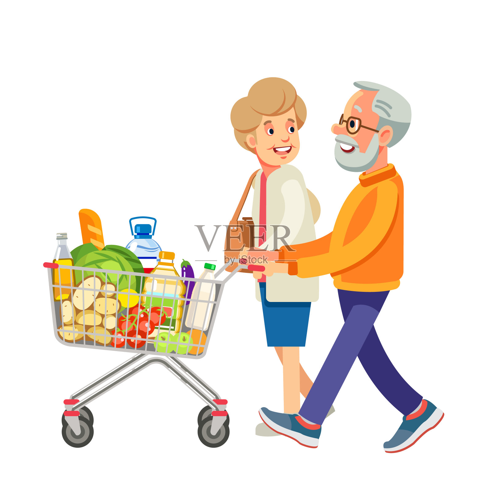 快乐的老人购物。一对退休夫妇在超市里推着购物车买食物。杂货店里的老男人和老女人。孤立在白色背景上。矢量插图在平面风格设计元素图片