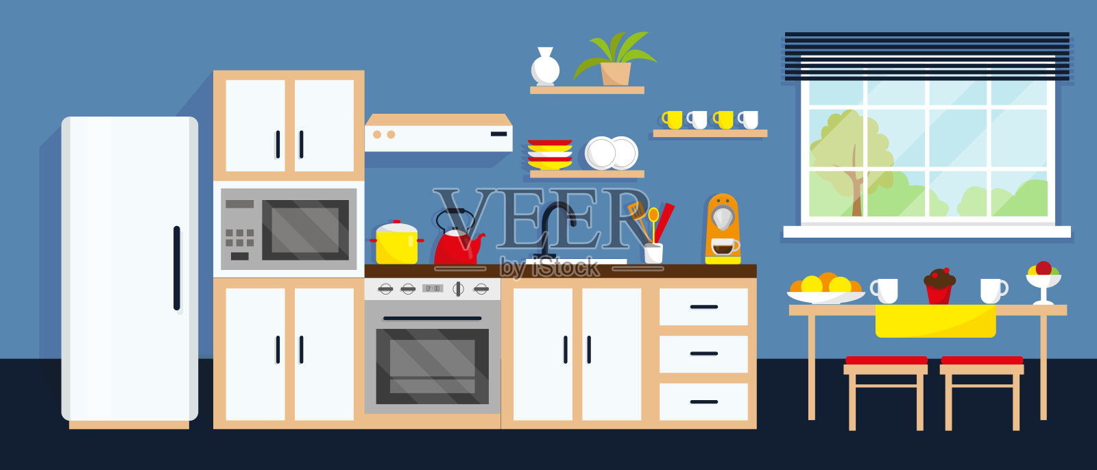 厨房内部有桌子，家具，家用电器和窗户。矢量插图。插画图片素材