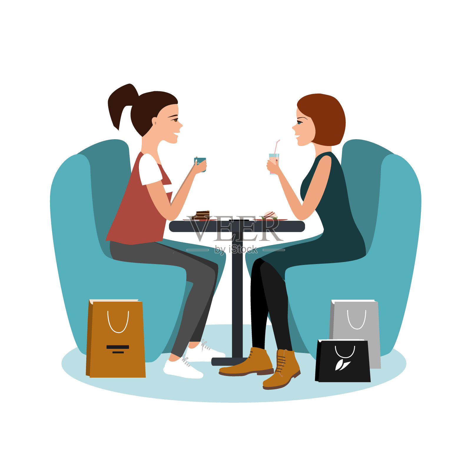 两个快乐的女孩坐在咖啡馆购物后孤立的白色背景。矢量图设计元素图片