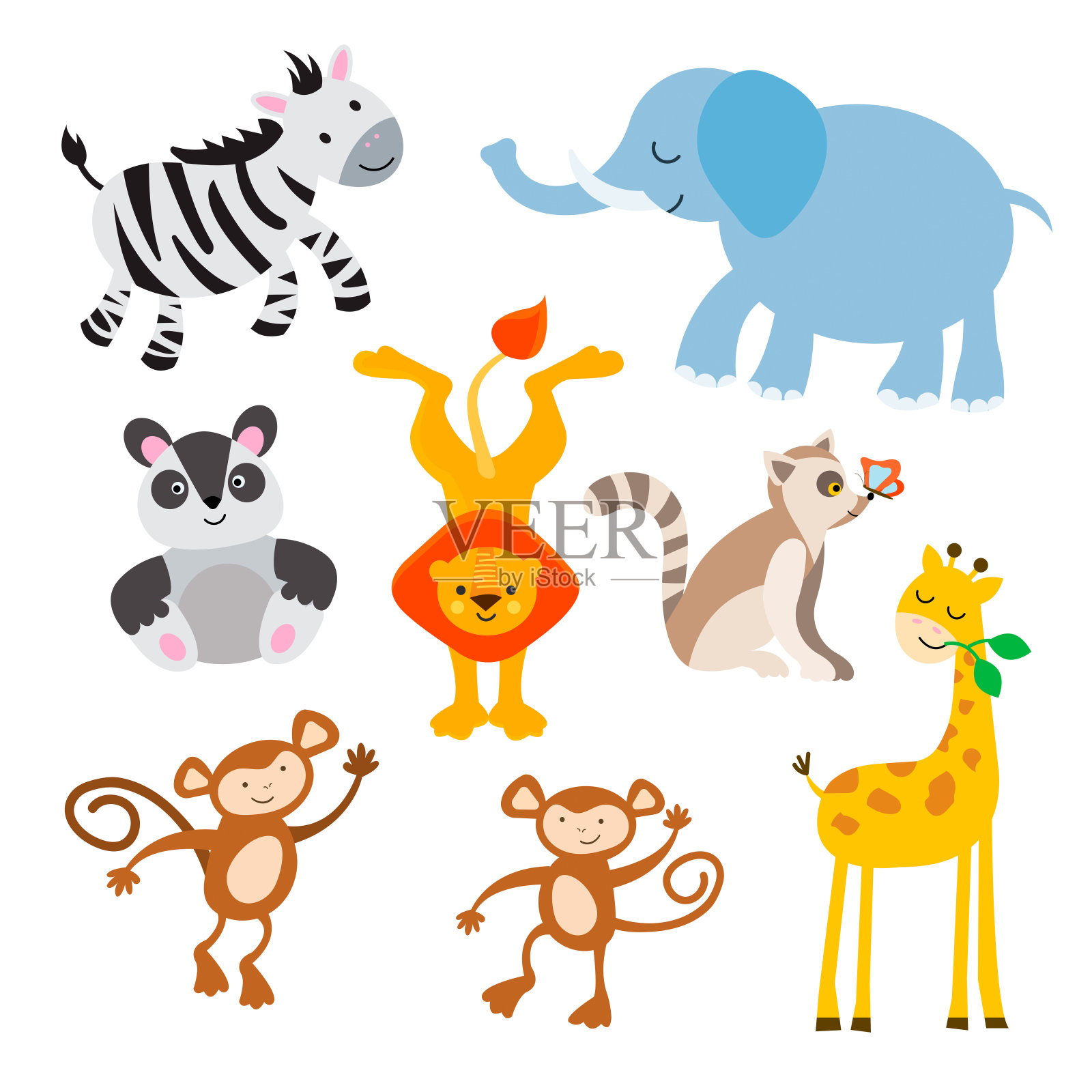 斑马，大象，熊猫，狮子，鼻子上有蝴蝶的狐猴，猴子和长颈鹿插画图片素材
