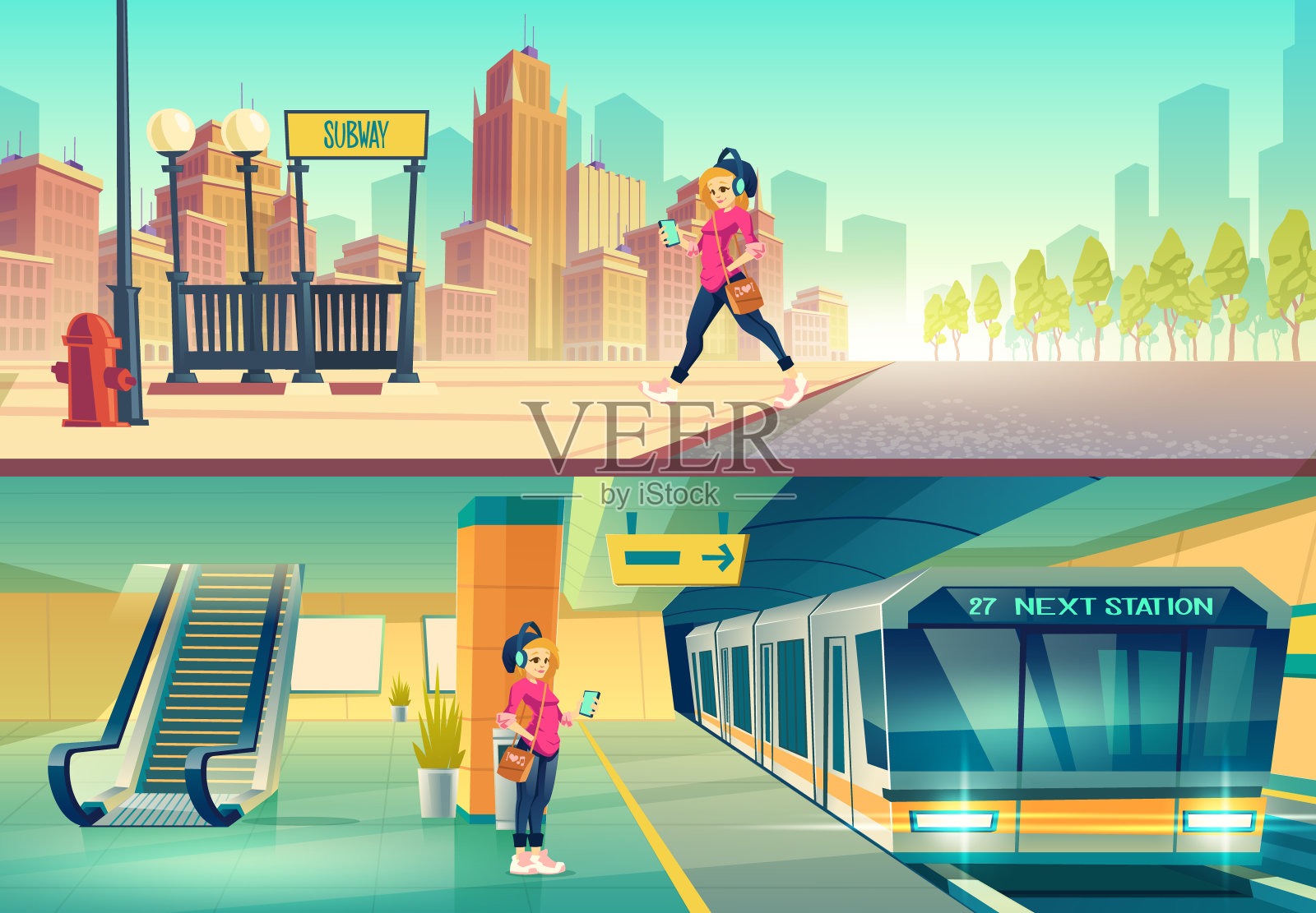 在地铁站的女人。城市平台插画图片素材