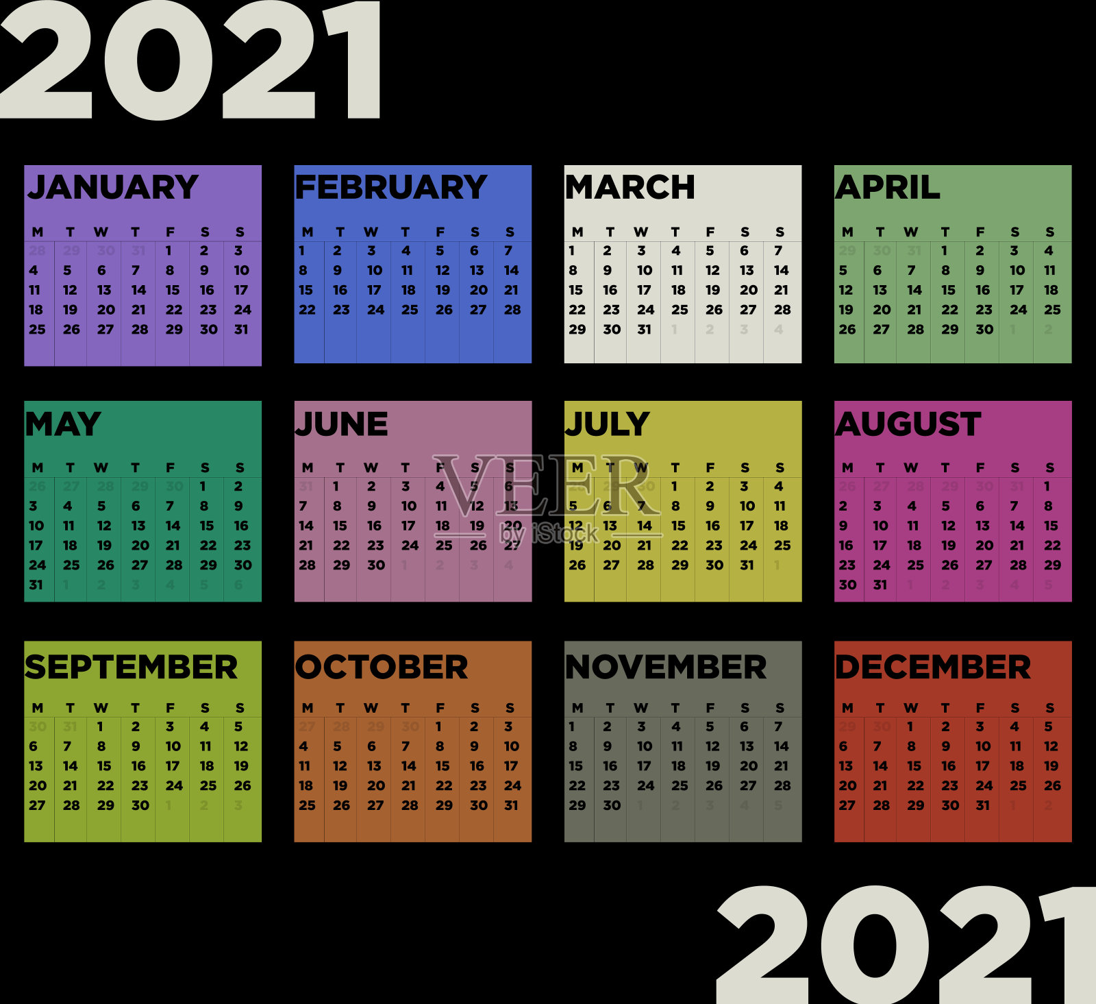 2021年日历方形矢量设计模板，简洁干净的设计。彩色日历的2021年黑色背景的组织和企业。星期从星期一开始。设计模板素材