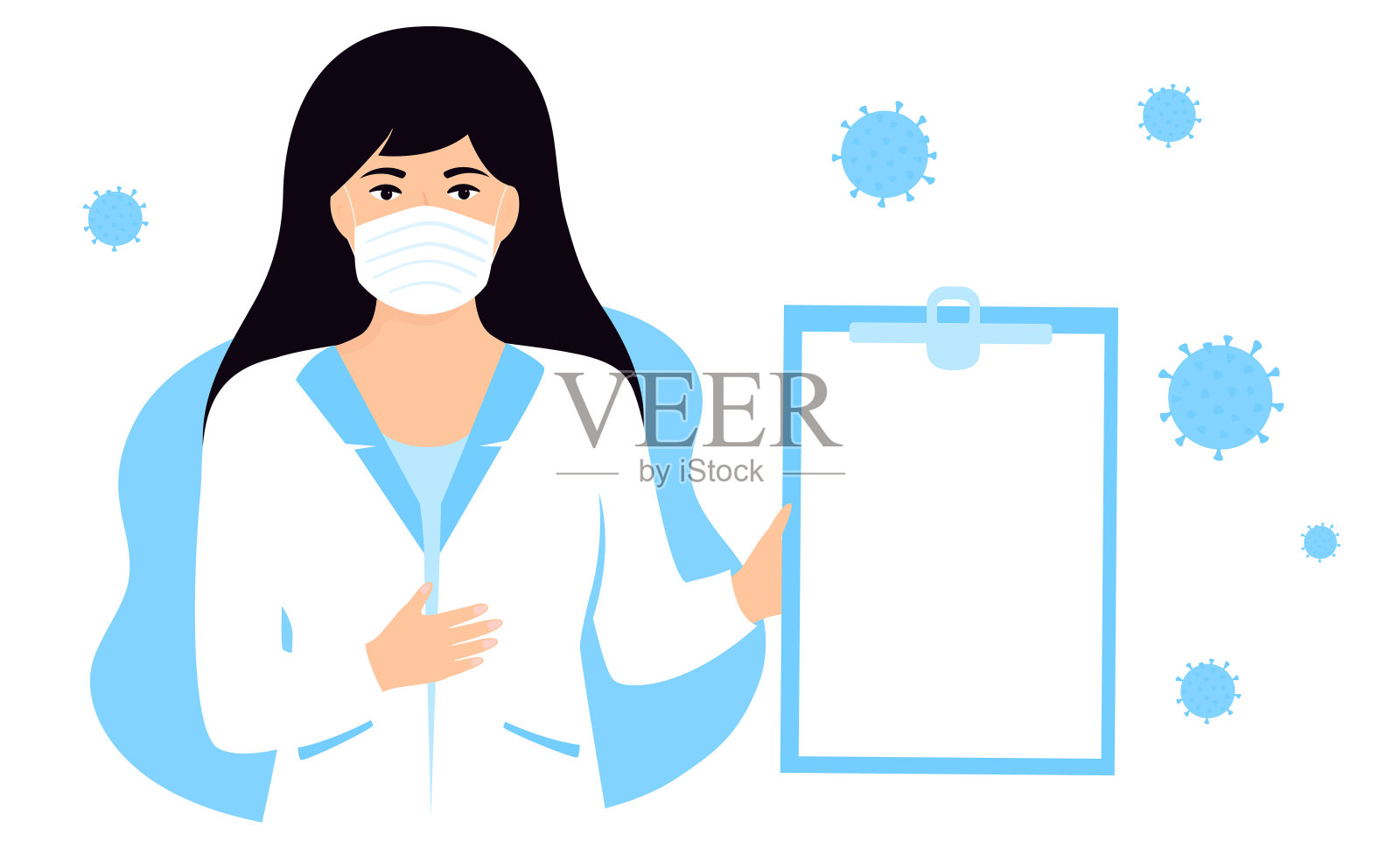 身穿白大褂、戴着防护口罩、手拿药片的女医生谈论新型冠状病毒。冠状病毒的治疗。隔离观念，预防感染插画图片素材