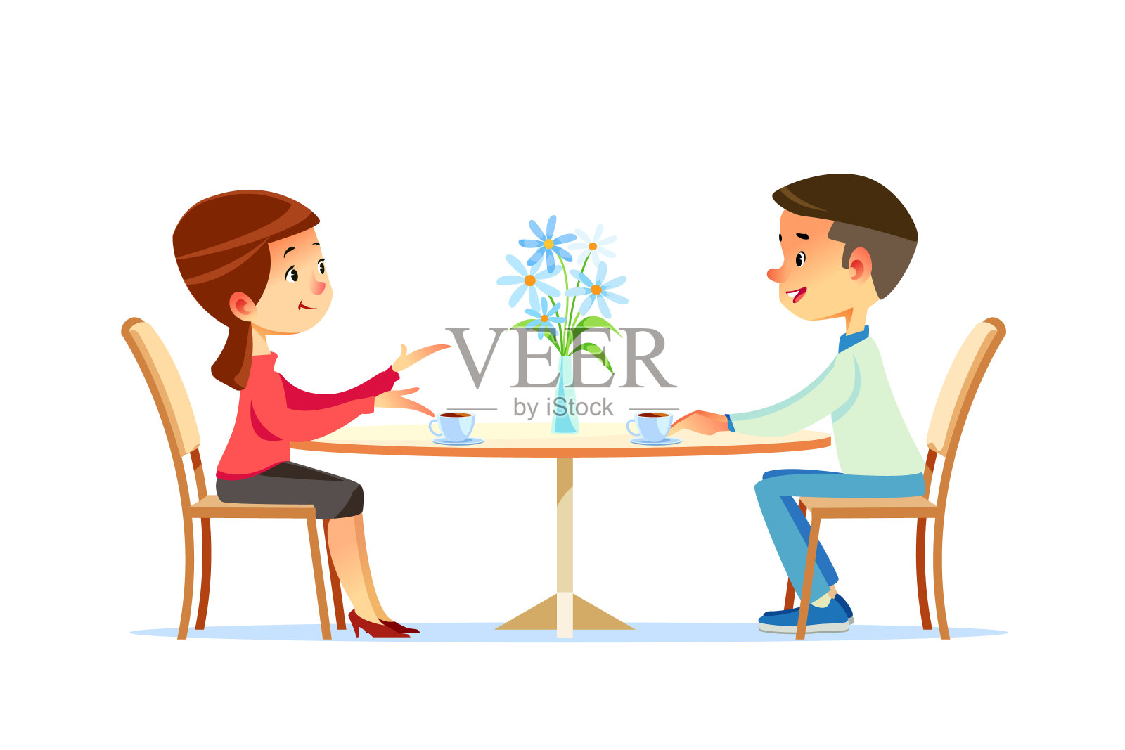 可爱的情侣坐在桌边，喝茶或咖啡聊天。年轻有趣的男人和女人在咖啡馆约会。情侣之间的对话。平面卡通矢量插图设计元素图片