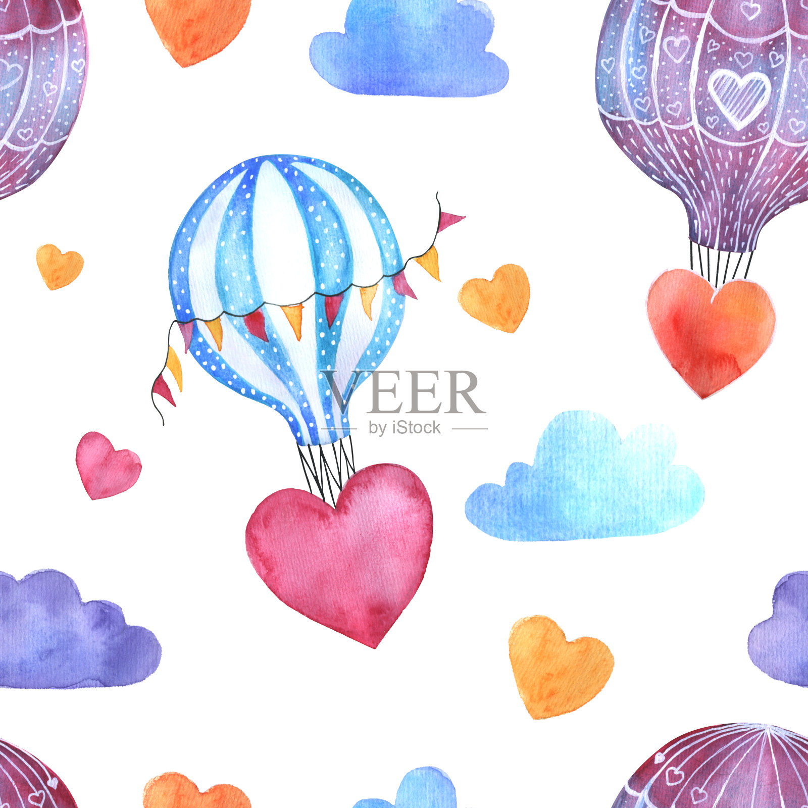 带着心的水彩画气球在云中飞翔插画图片素材