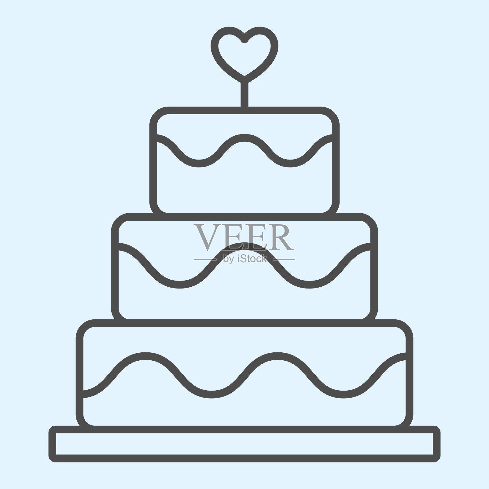 蛋糕细线图标。心形的节日庆祝糖果。婚礼资产矢量设计概念，白色背景上的轮廓风格象形图，用于web和应用程序。Eps 10。设计元素图片