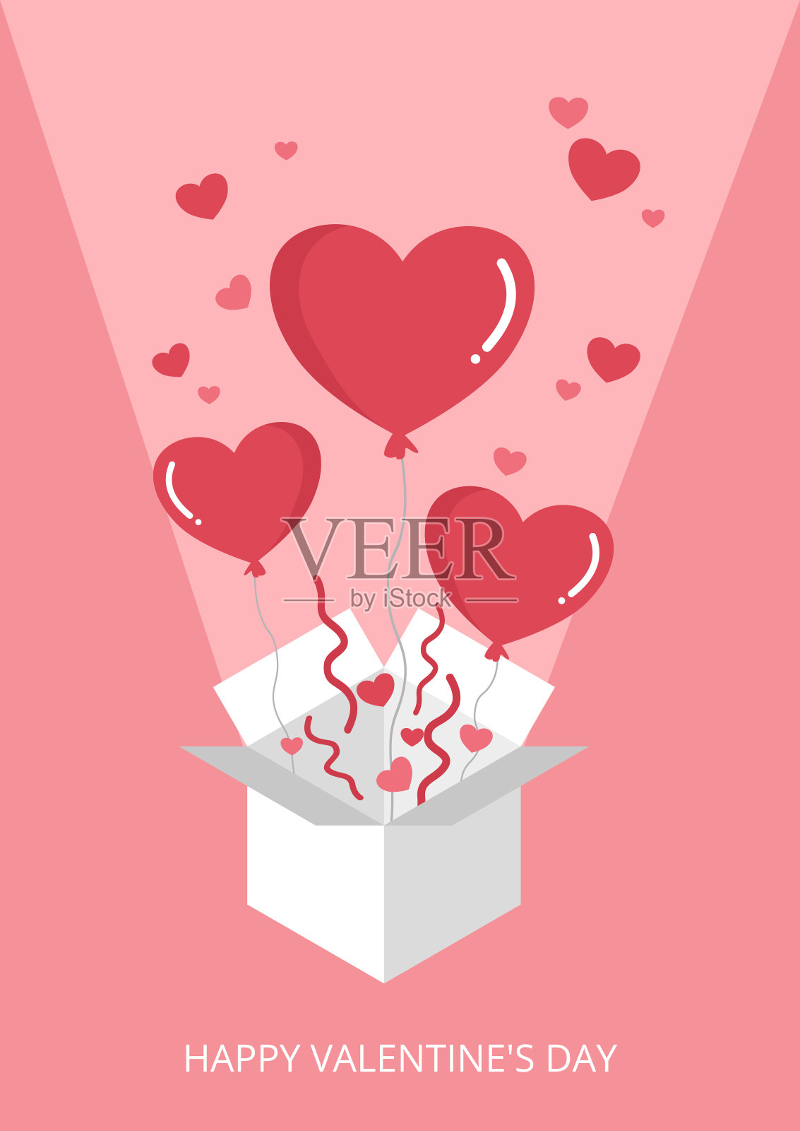 甜蜜的情人节心形气球盒在粉红色的背景下爆炸插画图片素材