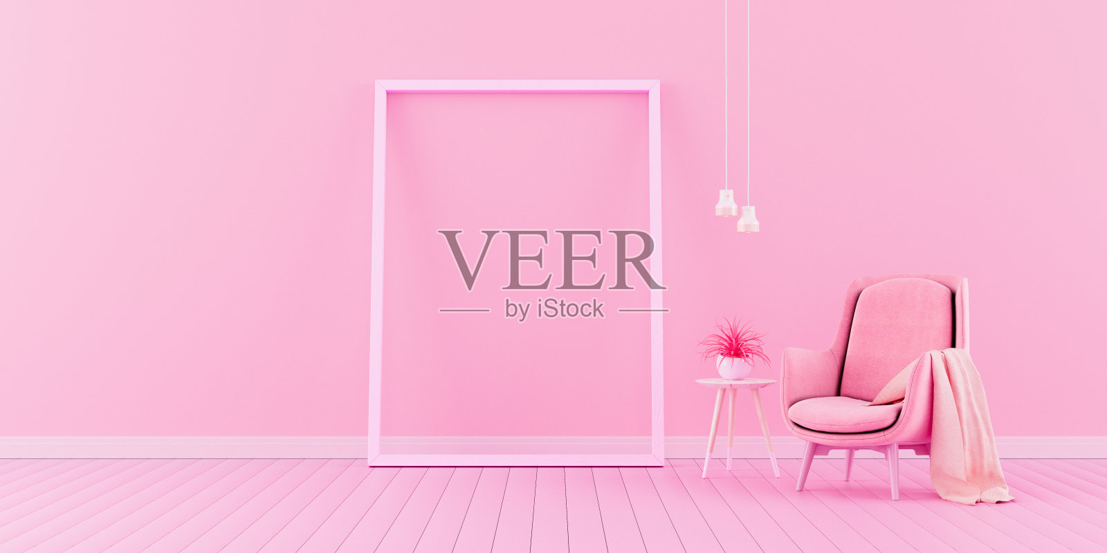 粉色客厅室内设计。模拟与淡粉色扶手椅，空粉红色墙与自由空间在左侧3D渲染照片摄影图片